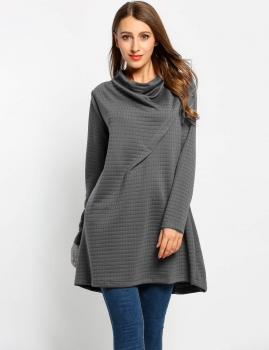 

Gray Cowl Collar Long Sleeve Solid Loose Long Sweatshirt with Pockets, Multicolor