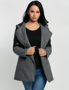 

Dark gray Women Fashion Hooded Lapel Long Sleeve Faux Leather Patchwork Zip-up Outwear Trenchcoat Coats & Jackets, Multicolor