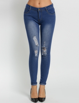 

Blue Mid Waisted Casual Holes Skinny Pencil Jeans, Multicolor