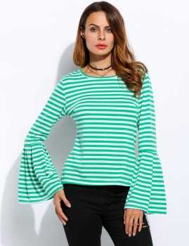 

O-Neck Flare Long Sleeve Striped Slim Tops, Multicolor