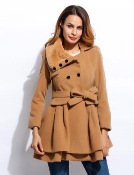 

Dark khaki Faux Fur Lapel Double-Breasted Thick Trench Coat, Multicolor