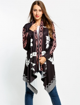 

Black Collarless Long Sleeve Print Loose Knit Cardigan, Multicolor