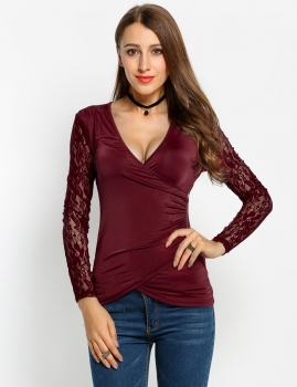 

Deep V-Neck Lace Long Sleeve Faux Wrap Ruched Slim Blouse Tops, Multicolor