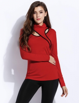 

Red Turtleneck Cut Out Long Sleeve Patchwork Slim Tunics, Multicolor