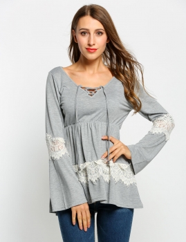 

Lace Up V-Neck Flare Sleeve Lace Patchwork High Low Hem Casual Tops, Multicolor