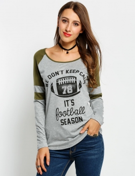 

Gray Women Casual Raglan Sleeve Letter Print Loose Patchwork Tops, Multicolor