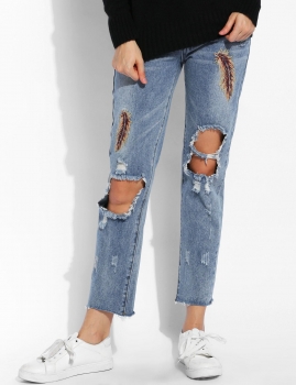 

Women Slim Feather Embroidery Casual Holes Skinny Pencil Jeans, Multicolor