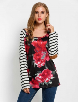 

Black Round Collar Long Sleeve Floral Striped Patchwork Tops, Multicolor