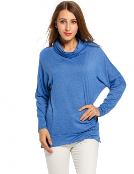 

Blue Cowl Neck Batwing Sleeve Solid Asymmetrical Loose Casual Tops, Multicolor