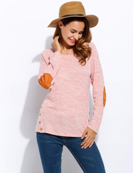 

Knitted Long Sleeve Elbow Patchwork Side Button Slim Tops, Multicolor