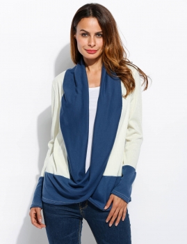 

Blue Cowl Neck Long Sleeve Patchwork Cross Front T-Shirts, Multicolor