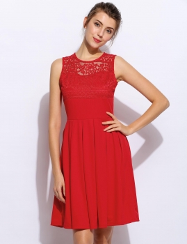 

Red Women Fashion Elegant Sleeveless High Waist Hollow Lace Patchwork A-Line Swing Short Dress, Multicolor