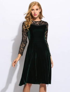 

New Women O-Neck Long Sleeve Lace Patchwork Slim Pleated Swing Dress, Multicolor