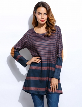

Long Sleeve Stripe Printed Patchwork Loose Tunic, Multicolor