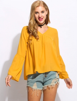 

V-Neck Flare Sleeve Pleated High Low Hem Loose Chiffon Tops, Multicolor