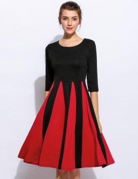 

New Women Casual O-Neck Back Zipper Half Sleeve Vintage Style A-Line Dress, Multicolor