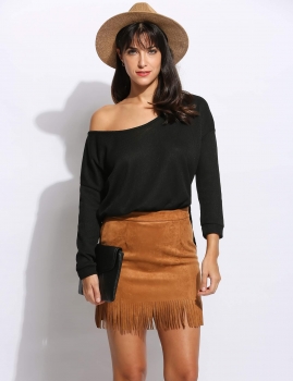 

Black Asymmetrical Hem Oblique Collar Off Shoulder Pullover Solid Sweater, Multicolor