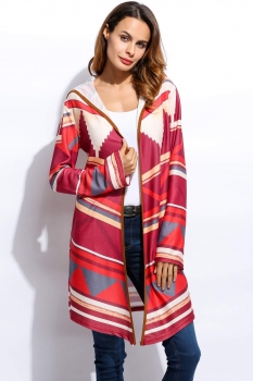 

Casual Hooded Long Sleeve Open Front Print Asymmetrical Hem Cardigan, Multicolor