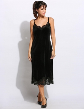 

Women Sexy Vintage Style V-Neck Sleeveles Lace-Trim Solid Pencil A-Line Dress, Multicolor