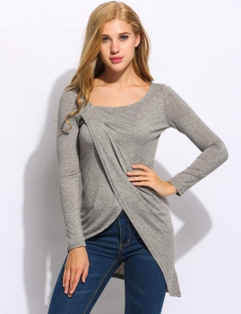 

Gray O-Neck Long Sleeve Cross Front Asymmetrical Hem Solid Tunics Casual Tops, Multicolor