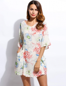 

Summer Beach Women V-Neck Half Sleeve Floral Print Pockets Mini Tunic Dress, Multicolor