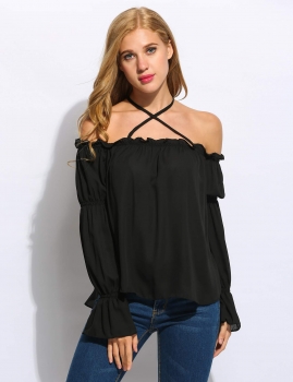 

Black New Women Slash Neck Halter Lace Up Cold Shoulder Chiffon Loose Blouse Tops, Multicolor