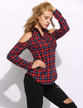 

Turn Down Collar Cold Shoulder Roll Up Sleeve Plaid Button Down Top, Multicolor