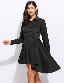 

Women Asymmetrical Hem Turn-down Collar Long Sleeve Solid Casual Shirt Dress, Multicolor