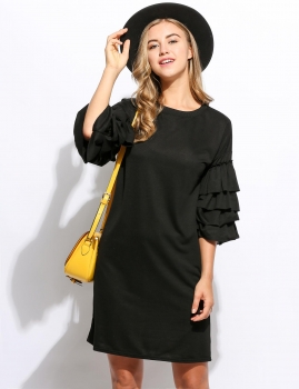 

Black 3"4 Ruffle Sleeve Straight Solid Mini Casual Dress, Multicolor
