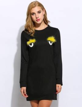 

Fashion Women Long Sleeve O-neck Pullover Eye Pattern Loose Side Slit Hoodie Dress, Multicolor