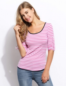 

Pink O-Neck Roll Up Long Sleeve Stripes Patchwork Backless Bow Tops, Multicolor