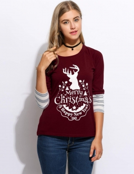 

Red Patchwork Christmas Printed T-Shirt, Multicolor