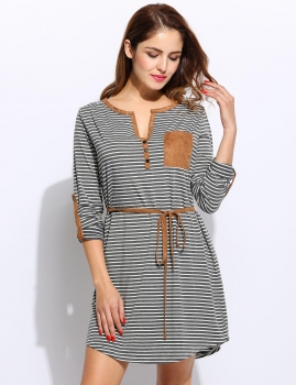 

Women Casual Henley Neck Long Sleeve Striped Short Dress with Belt, Multicolor