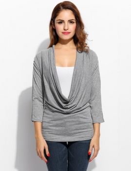

Gray New Fashion Women Casual Cowl Neck Three Quarter Sleeve Solid Pleated T-Shirt, Multicolor