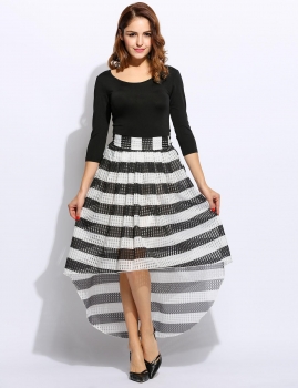 

Women Boat Neck Solid Top with Striped Asymmetrical Hem Skirt Set, Multicolor