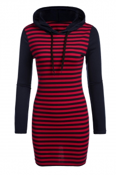 

Red and blue Long Sleeve Striped Patchwork Hooded Sheath Casual Dress, Multicolor