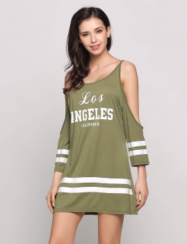 

Army green Casual 3"4 Sleeve Print O Neck Cold Shoulder Stripe Sleeve Pullover Mini Dress, Multicolor