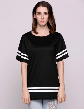 

Black Casual Short Sleeve O-Neck Striped Pullover Loose Elastic Sport T-Shirt Top, Multicolor