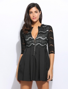 

Black New Fashion Women O-Neck 3"4 Sleeve Zipper Lace Patchwork Pleated Dress, Multicolor
