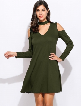 

Women Long Sleeve Halter Neck Cut Out Cold Shoulder Loose Flared Tunic Dress, Multicolor