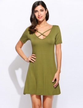 

Women Short Sleeve Solid V Neck Vintage Style Casual Dress, Multicolor