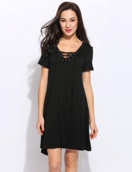 

Women Short Sleeve Lace Up Front Solid Casual A-Line Dress, Multicolor