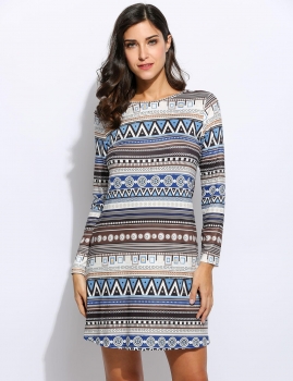

Women Ethnic Styles Long Sleeve Loose Geometric Prints Casual Dress, Multicolor