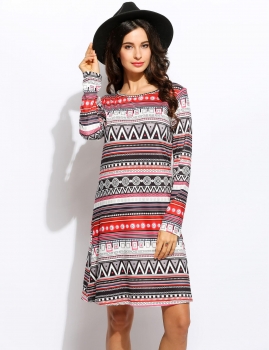 

Ethnic Style 3"4 Sleeve Loose Geometric Print Casual Dress, Multicolor