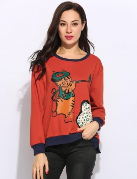 

Red Cat Printing Long Sleeve Round Collar Loose Casual Pullover Hoodies & Sweatshirts, Multicolor