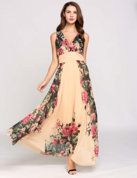 

Sleeveless V Neck Print A-Line Maxi Ruched Evening Dress, Multicolor