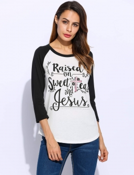 

White Women Casual O-Neck Raglan 3"4 Sleeve Letter Print Patchwork Tops, Multicolor