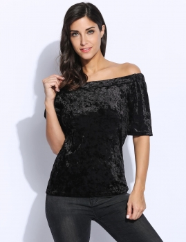 

Black Velvet Slash Neck Solid Short Sleeve Pullover Top, Multicolor