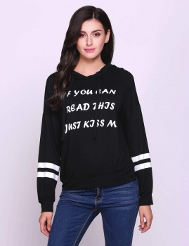

Black Long Sleeve Drop Shoulder Letter Print Hooded Pullover Hoodie, Multicolor