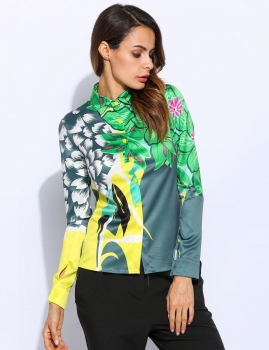 

Green Printed Turn-Down Collar Long Sleeve Soft Shirt, Multicolor